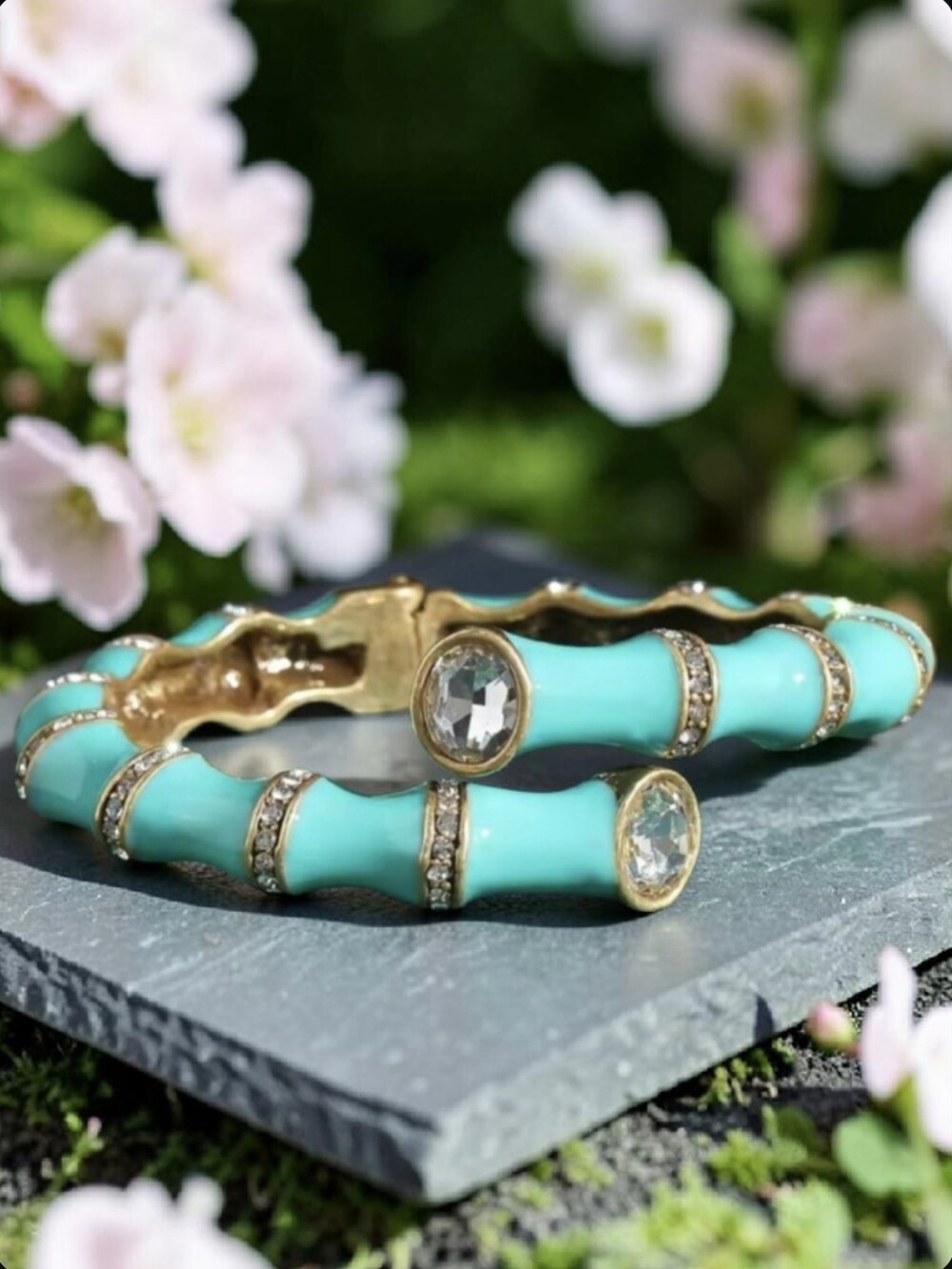 Antique Gold Chunky Designer Turquoise Enamel Crystal Bamboo Bangle Bracelet